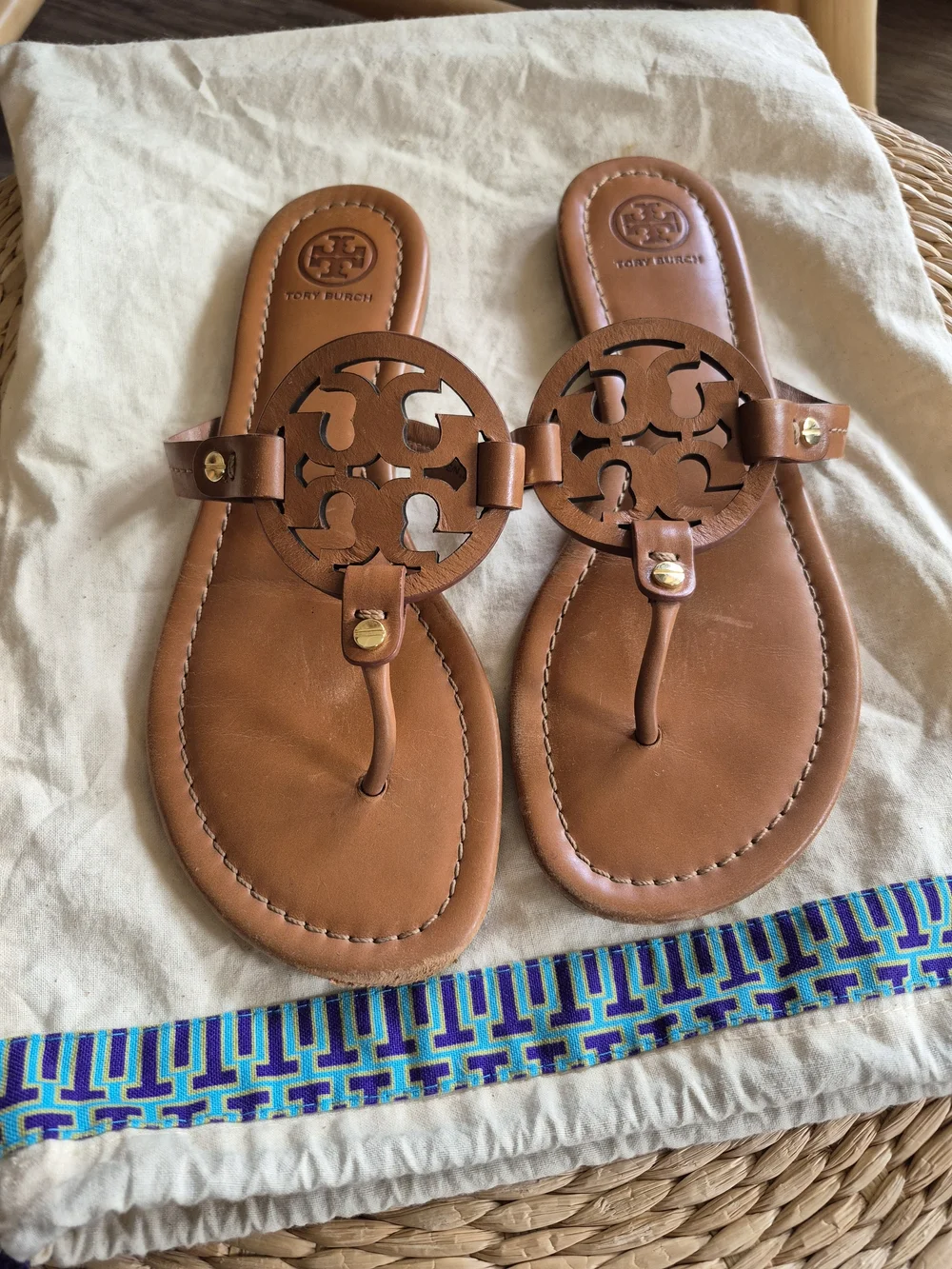 Tory Burch Brown Leather Miller Logo-Thong Sandals